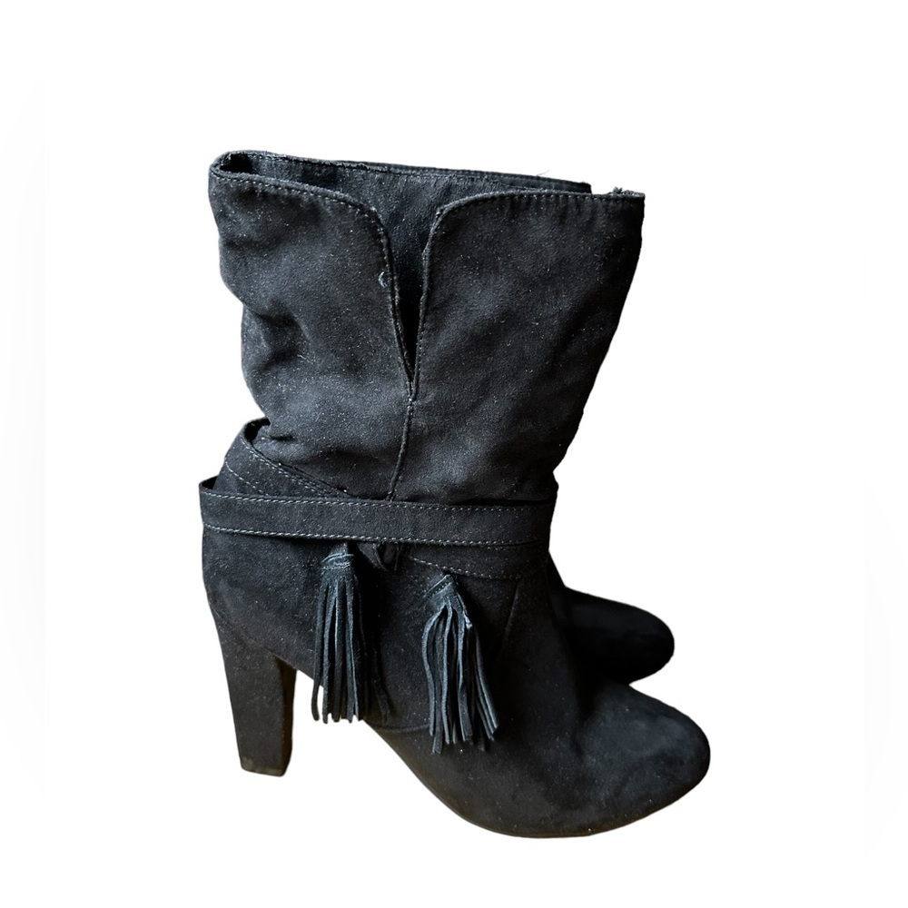 Express Faux Suede Tassel Heeled Boots